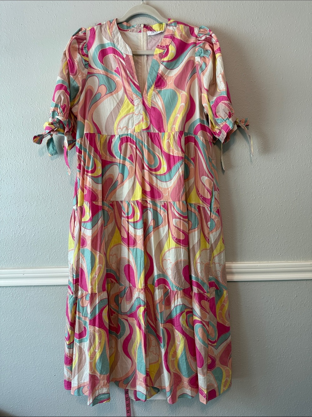 Avara Lois Midi Dress in  “Abstract Marble”  Pink, Yellow, and Teal